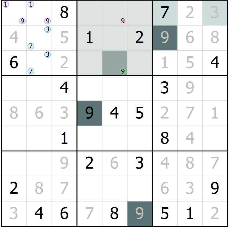 Position des candidats pour la solution de la Gr 11 page 13 du magazine de sudoku Expert n° 013
