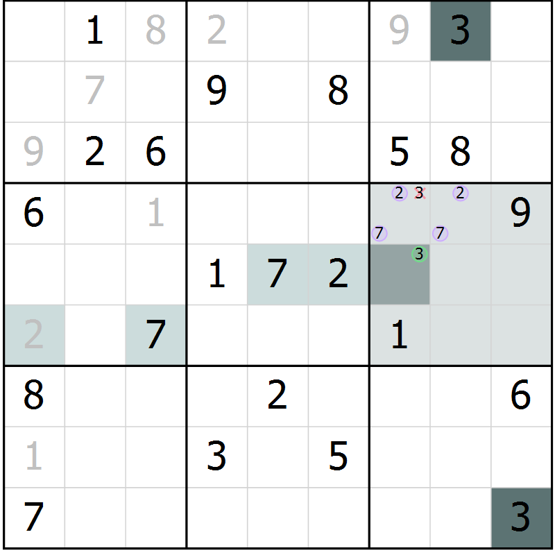 Position des candidats pour la solution de la Gr 14 page 16 du magazine de sudoku Expert n° 013