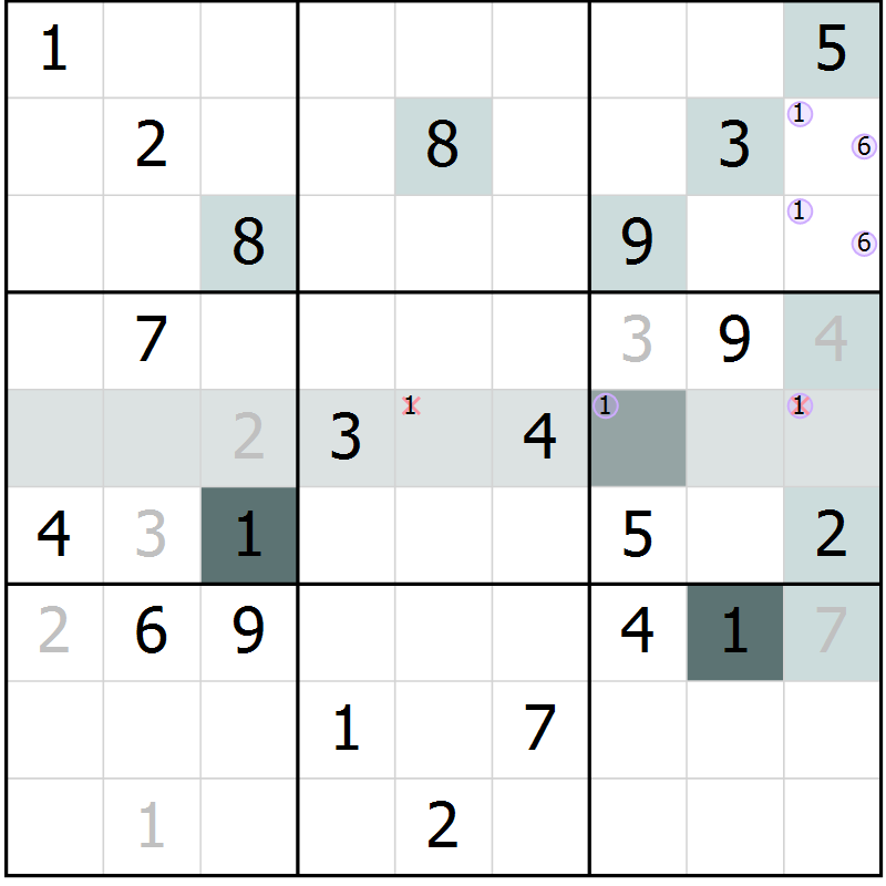 Position des candidats pour la solution de la Gr 23 page 25 du magazine de sudoku Expert n° 013
