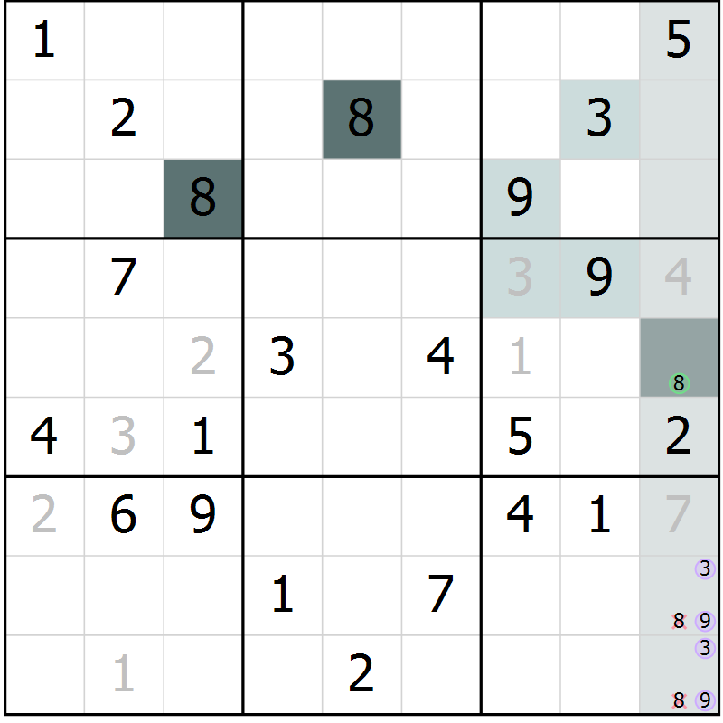 Position des candidats pour la solution de la Gr 23 page 25 du magazine de sudoku Expert n° 013