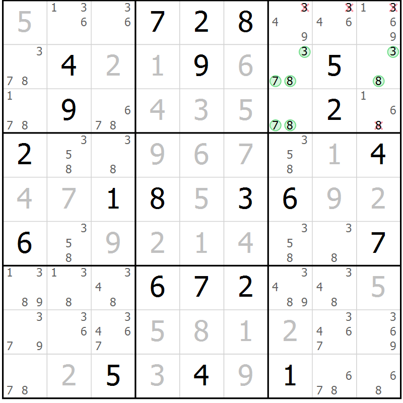 Position des candidats pour la solution de la Gr 25 page 27 du magazine de sudoku Expert n° 013