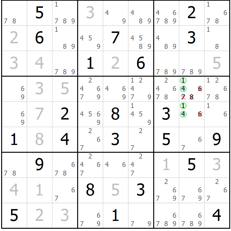 Position des candidats pour la solution de la Gr 34 page 36 du magazine de sudoku Expert n° 013