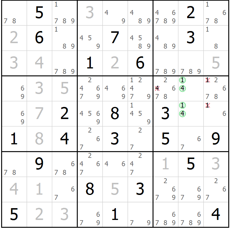 Position des candidats pour la solution de la Gr 34 page 36 du magazine de sudoku Expert n° 013
