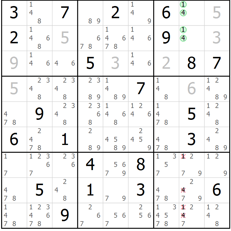 Position des candidats pour la solution de la Gr 36 page 38 du magazine de sudoku Expert n° 013