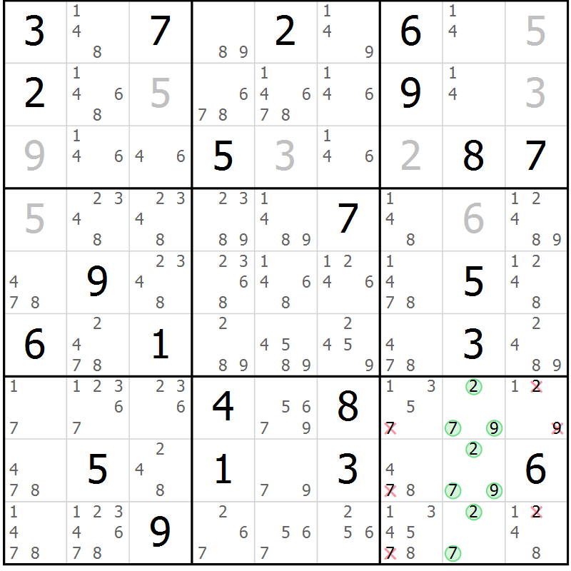 Position des candidats pour la solution de la Gr 36 page 38 du magazine de sudoku Expert n° 013