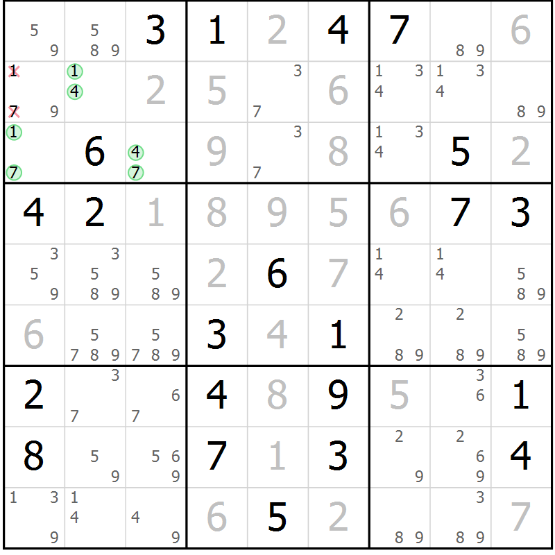 Position des candidats pour la solution de la Gr 40 page 42 du magazine de sudoku Expert n° 013