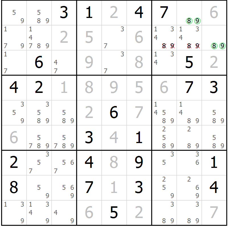 Position des candidats pour la solution de la Gr 40 page 42 du magazine de sudoku Expert n° 013
