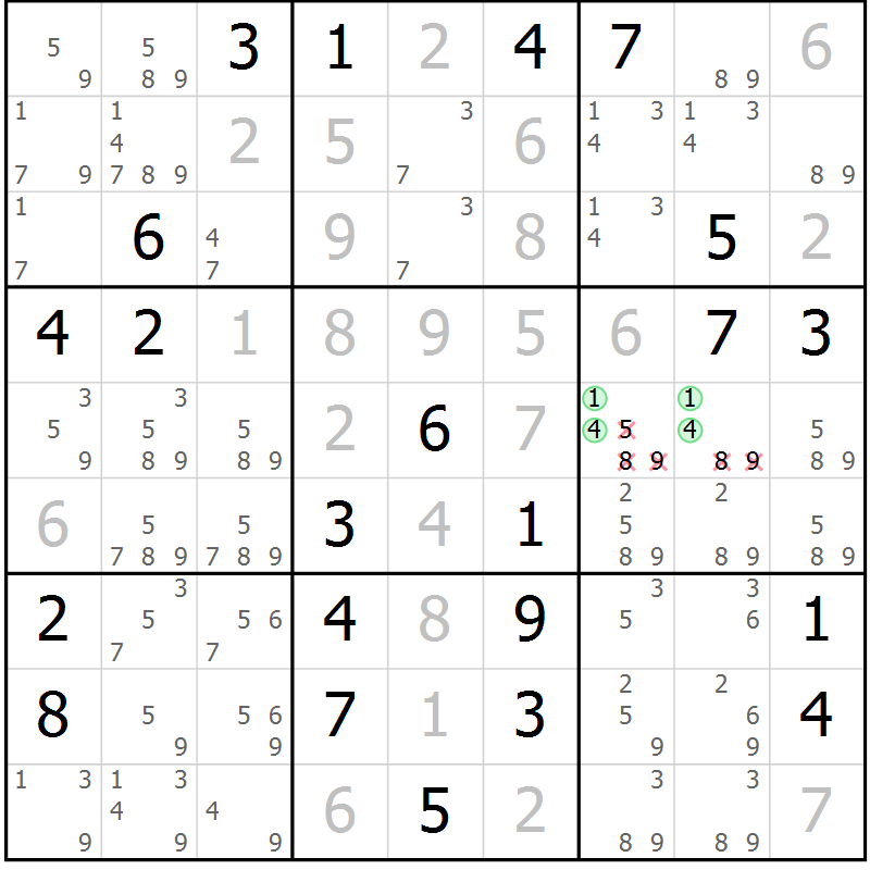 Position des candidats pour la solution de la Gr 40 page 42 du magazine de sudoku Expert n° 013