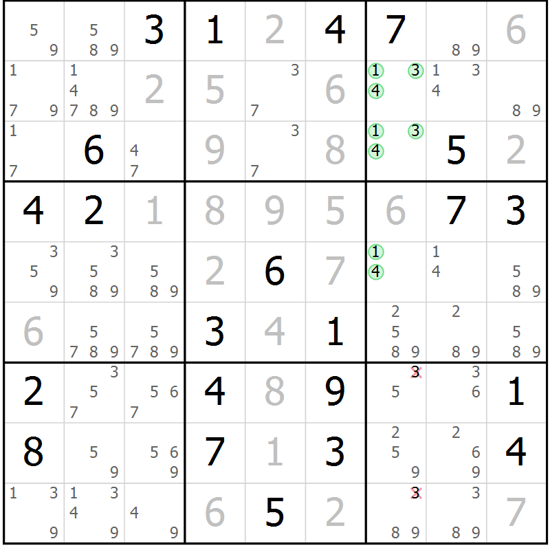Position des candidats pour la solution de la Gr 40 page 42 du magazine de sudoku Expert n° 013