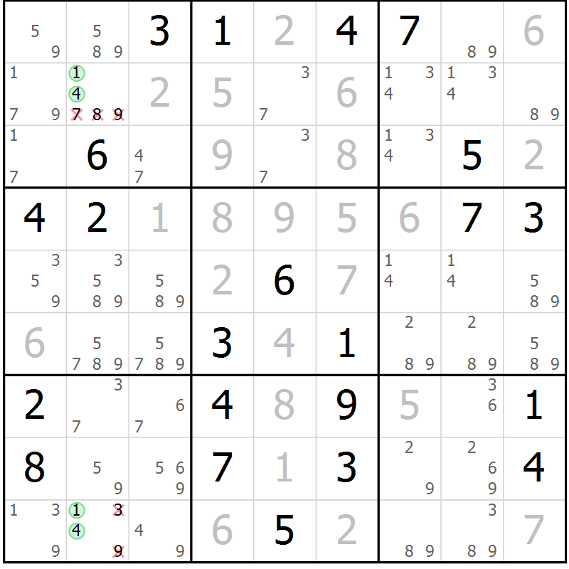 Position des candidats pour la solution de la Gr 40 page 42 du magazine de sudoku Expert n° 013