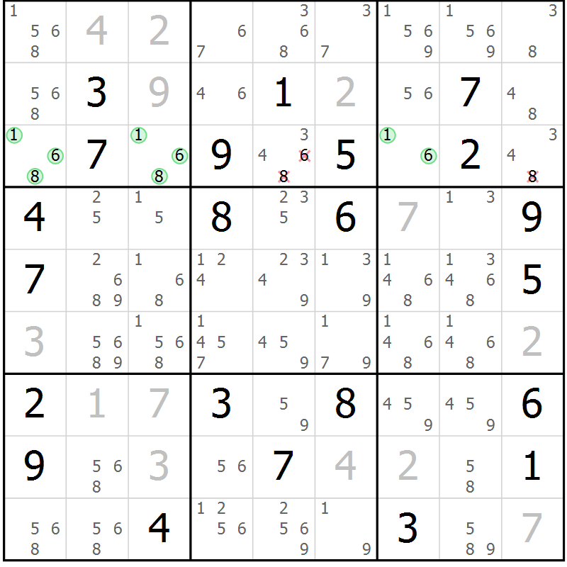 Position des candidats pour la solution de la Gr 42 page 44 du magazine de sudoku Expert n° 013