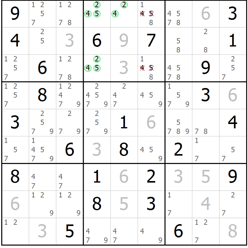 Position des candidats pour la solution de la Gr 46 page 48 du magazine de sudoku Expert n° 013