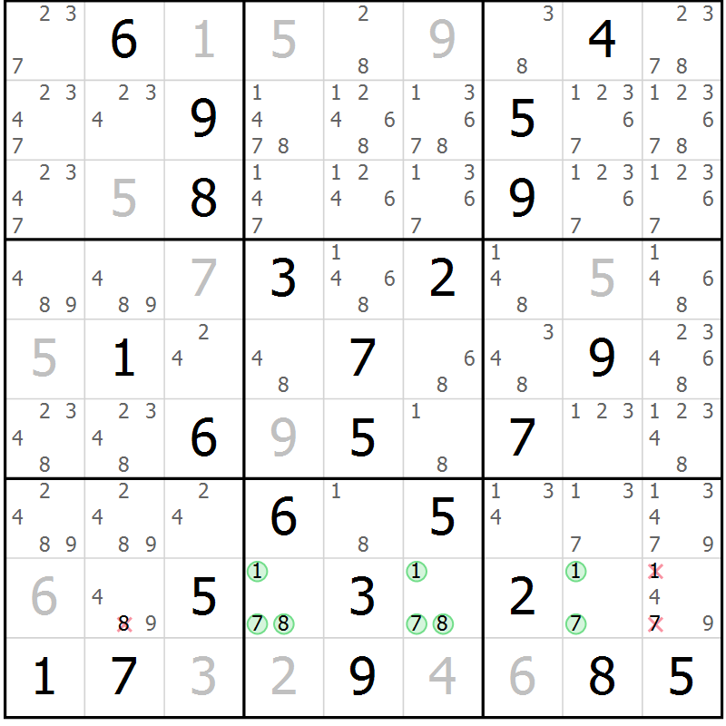 Position des candidats pour la solution de la Gr 49 page 51 du magazine de sudoku Expert n° 013