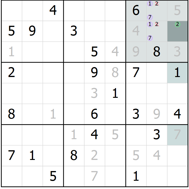 Position des candidats pour la solution de la Gr 50 page 52 du magazine de sudoku Expert n° 013