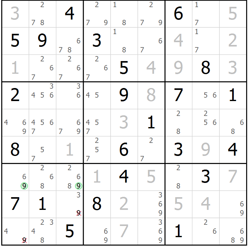 Position des candidats pour la solution de la Gr 50 page 52 du magazine de sudoku Expert n° 013