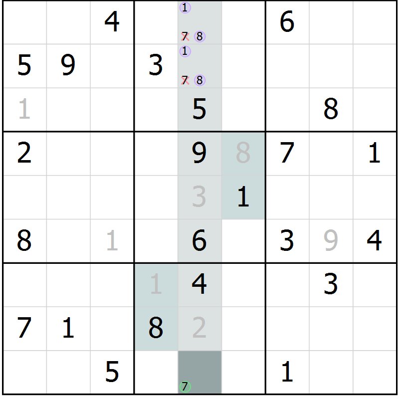 Position des candidats pour la solution de la Gr 50 page 52 du magazine de sudoku Expert n° 013