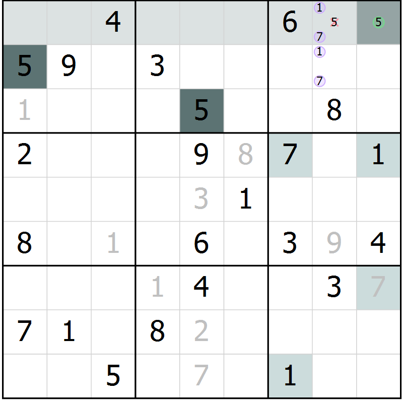 Position des candidats pour la solution de la Gr 50 page 52 du magazine de sudoku Expert n° 013