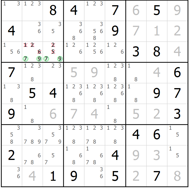 Position des candidats pour la solution de la Gr 51 page 53 du magazine de sudoku Expert n° 013