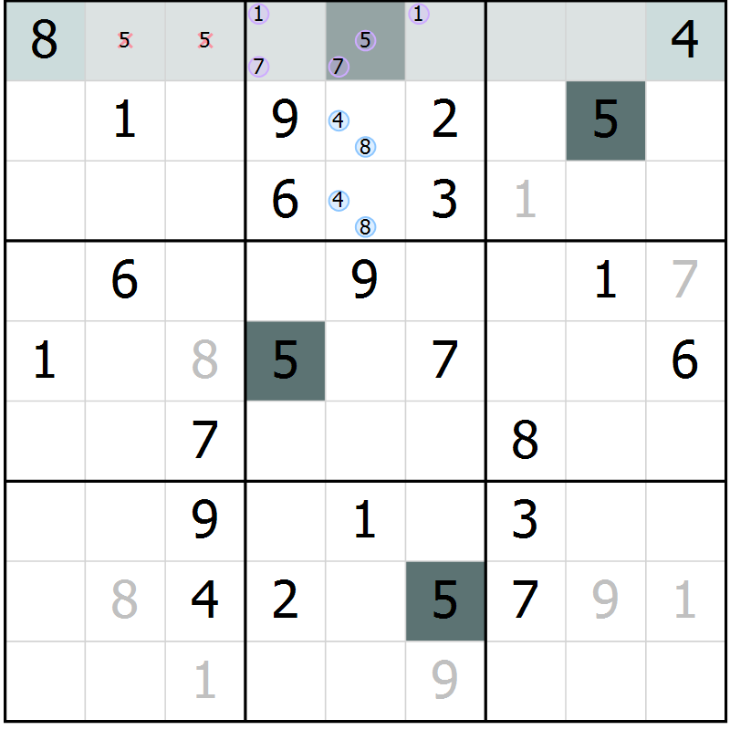 Position des candidats pour la solution de la Gr 52 page 54 du magazine de sudoku Expert n° 013