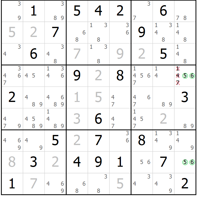 Position des candidats pour la solution de la Gr 55 page 57 du magazine de sudoku Expert n° 013