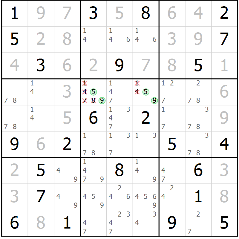 Position des candidats pour la solution de la Gr 56 page 58 du magazine de sudoku Expert n° 013
