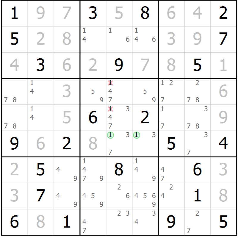 Position des candidats pour la solution de la Gr 56 page 58 du magazine de sudoku Expert n° 013