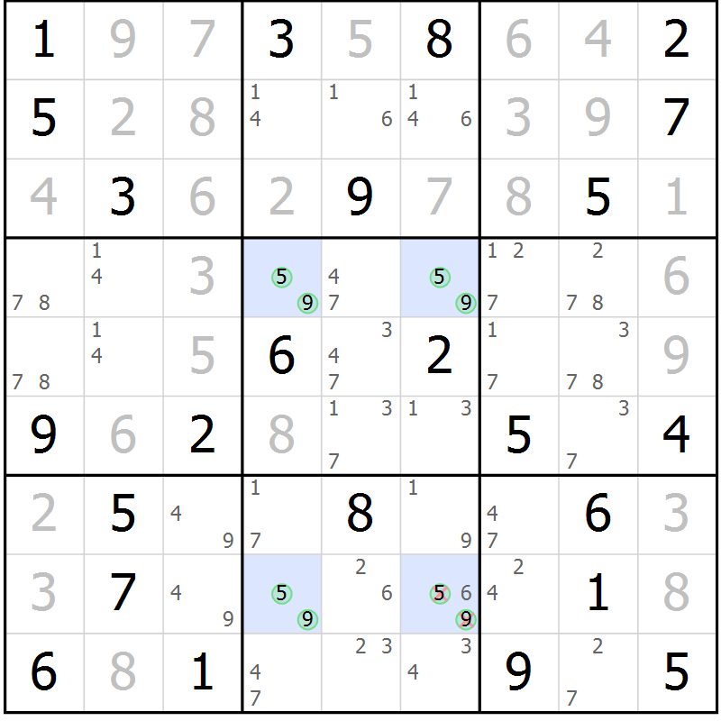 Position des candidats pour la solution de la Gr 56 page 58 du magazine de sudoku Expert n° 013