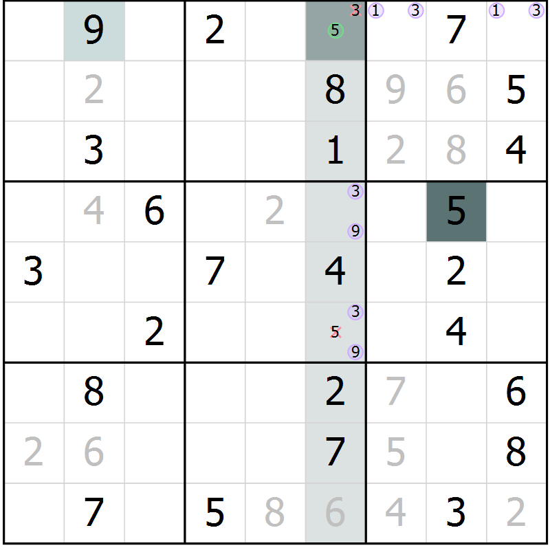 Position des candidats pour la solution de la Gr 57 page 59 du magazine de sudoku Expert n° 013
