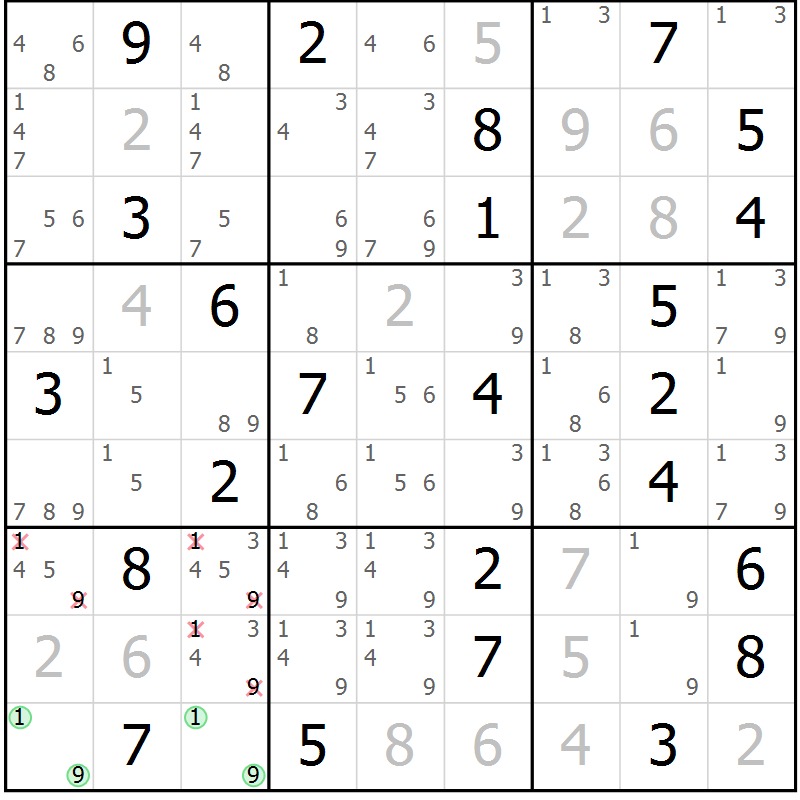 Position des candidats pour la solution de la Gr 57 page 59 du magazine de sudoku Expert n° 013