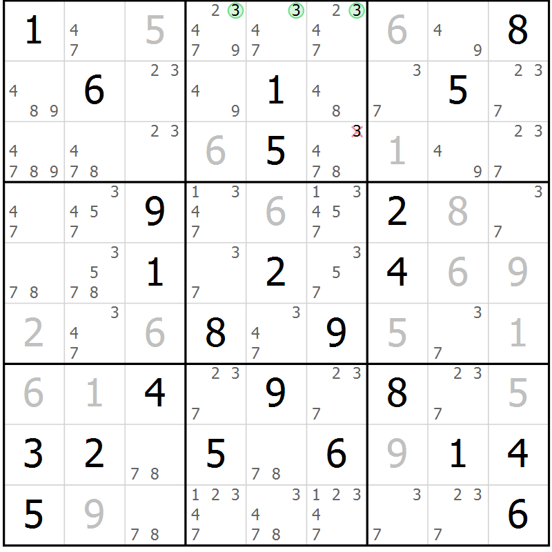 Position des candidats pour la solution de la Gr 58 page 60 du magazine de sudoku Expert n° 013