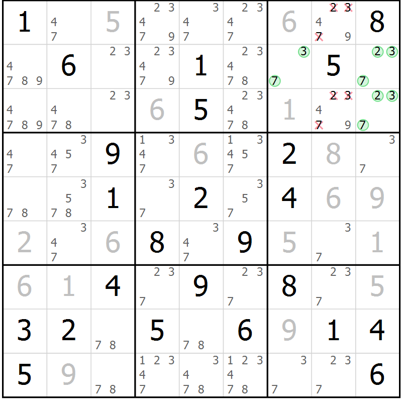 Position des candidats pour la solution de la Gr 58 page 60 du magazine de sudoku Expert n° 013