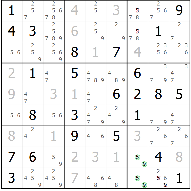Position des candidats pour la solution de la Gr 59 page 61 du magazine de sudoku Expert n° 013