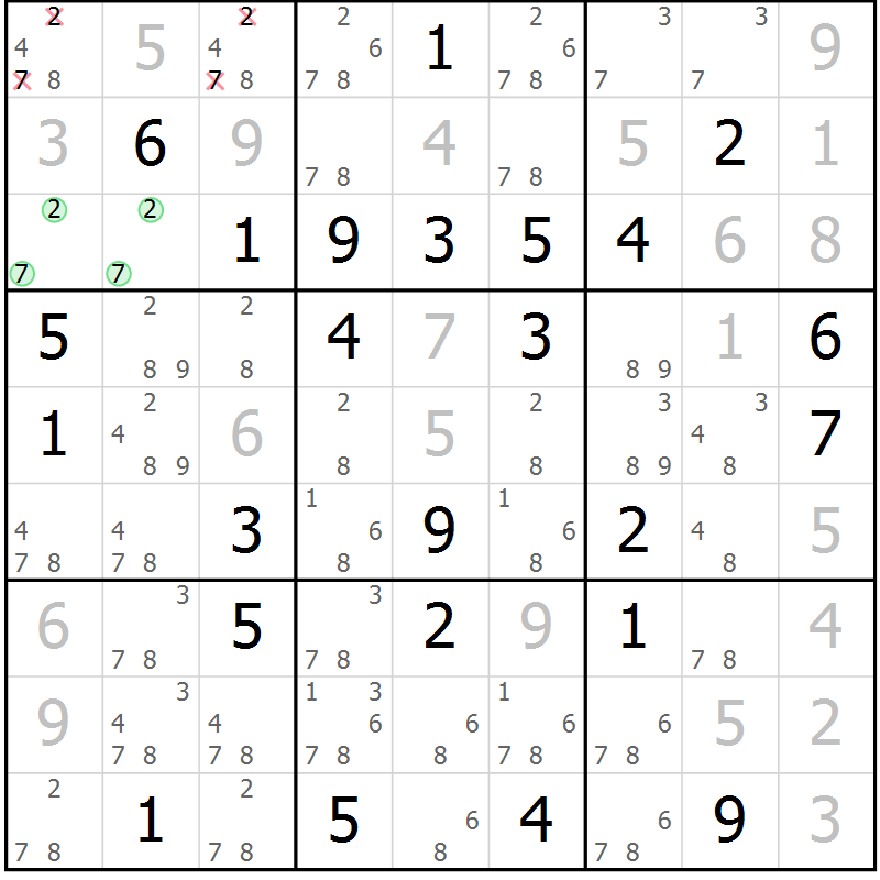 Position des candidats pour la solution de la Gr 61 page 63 du magazine de sudoku Expert n° 013