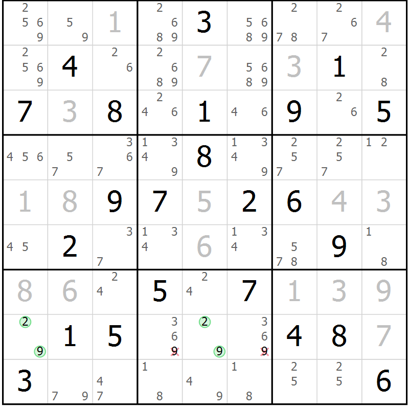 Position des candidats pour la solution de la Gr 65 page 67 du magazine de sudoku Expert n° 013
