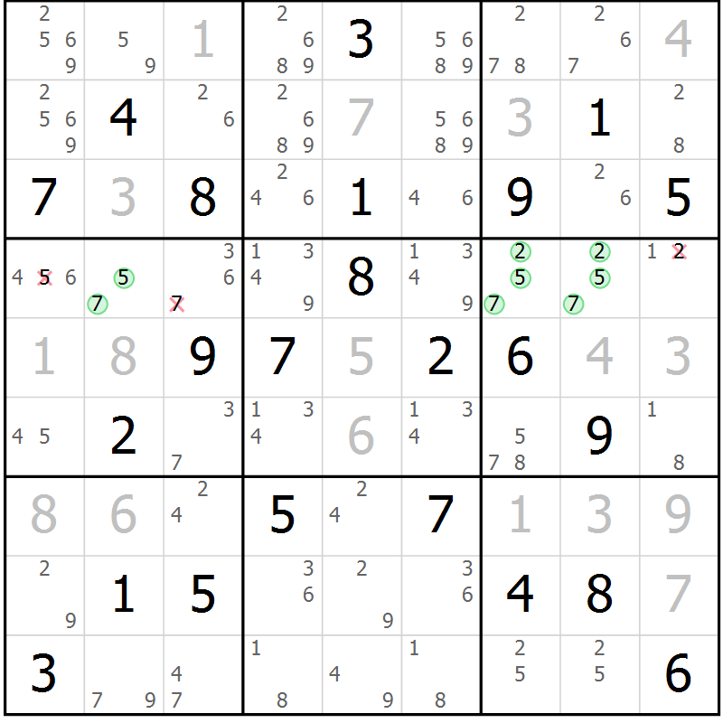 Position des candidats pour la solution de la Gr 65 page 67 du magazine de sudoku Expert n° 013