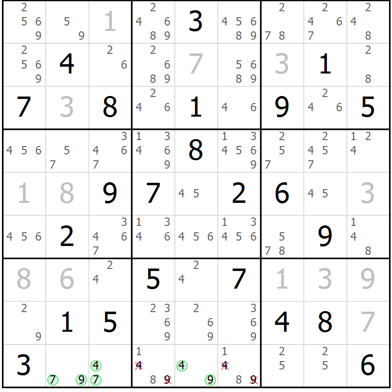 Position des candidats pour la solution de la Gr 65 page 67 du magazine de sudoku Expert n° 013