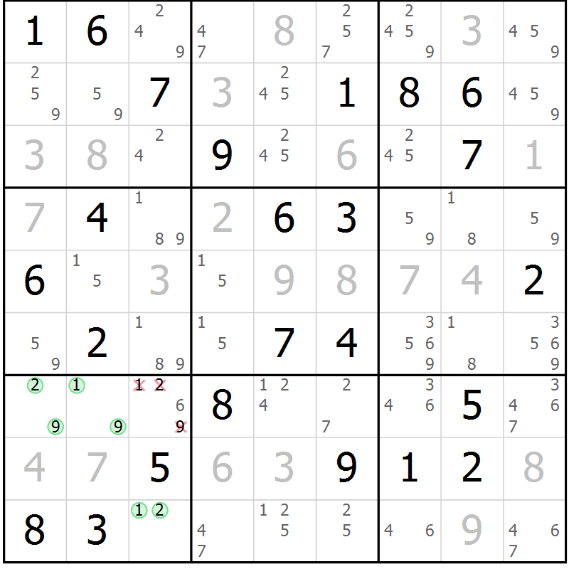 Position des candidats pour la solution de la Gr 69 page 71 du magazine de sudoku Expert n° 013