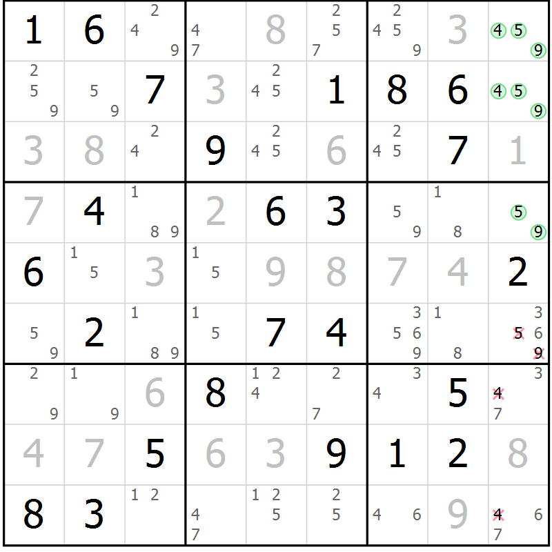 Position des candidats pour la solution de la Gr 69 page 71 du magazine de sudoku Expert n° 013