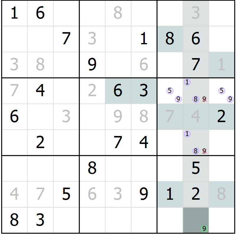 Position des candidats pour la solution de la Gr 69 page 71 du magazine de sudoku Expert n° 013