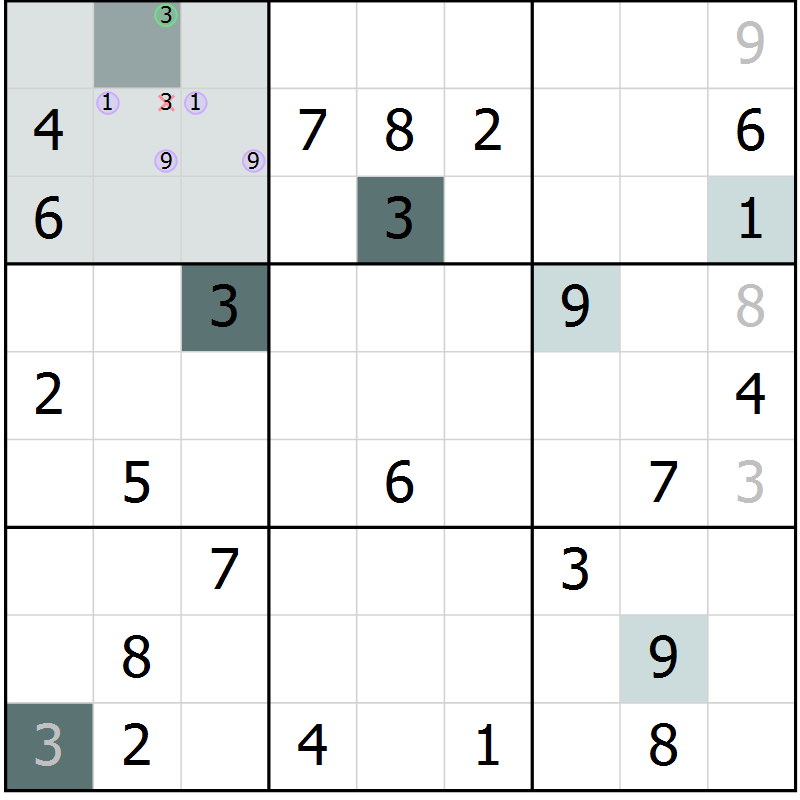 Position des candidats pour la solution de la Gr 70 page 72 du magazine de sudoku Expert n° 013