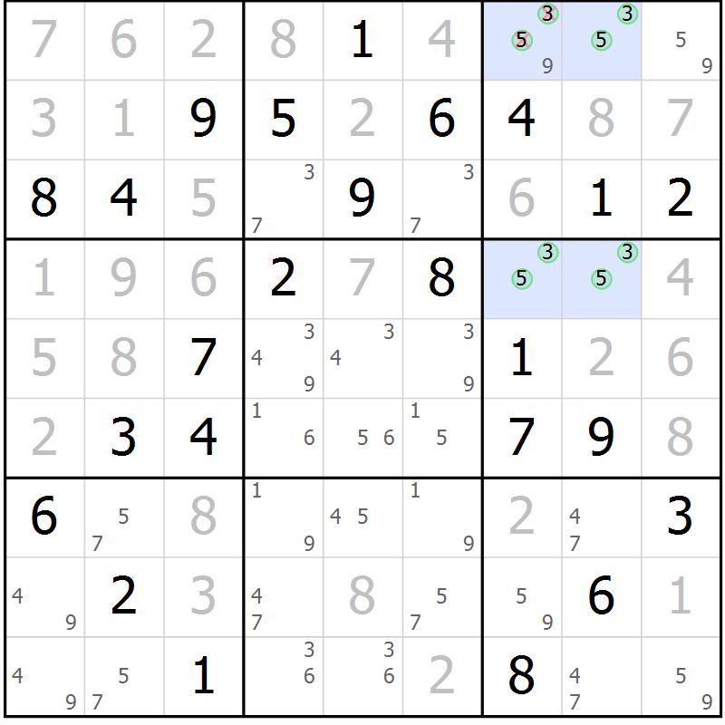 Position des candidats pour la solution de la Gr 73 page 75 du magazine de sudoku Expert n° 013