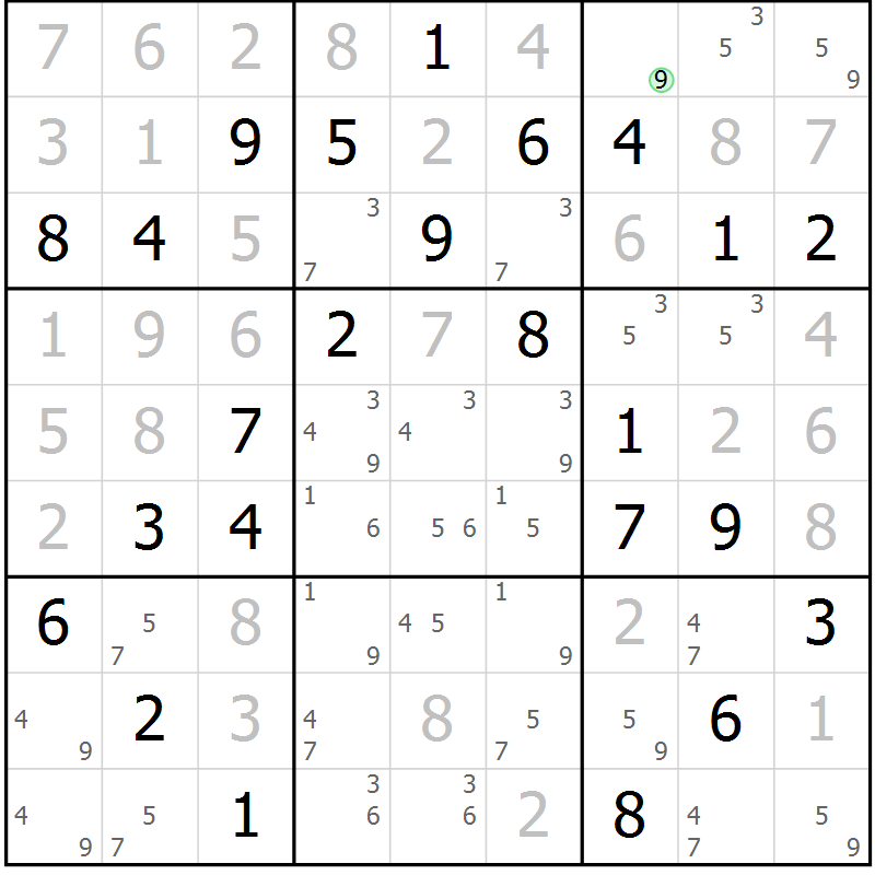 Position des candidats pour la solution de la Gr 73 page 75 du magazine de sudoku Expert n° 013