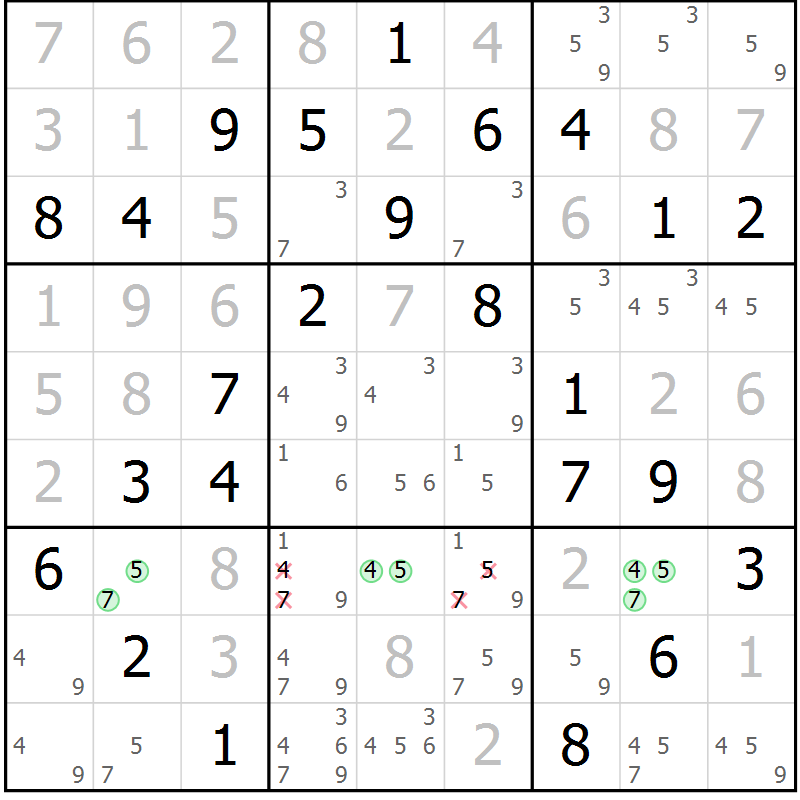 Position des candidats pour la solution de la Gr 73 page 75 du magazine de sudoku Expert n° 013