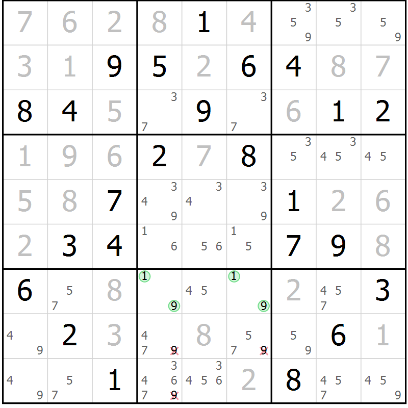 Position des candidats pour la solution de la Gr 73 page 75 du magazine de sudoku Expert n° 013