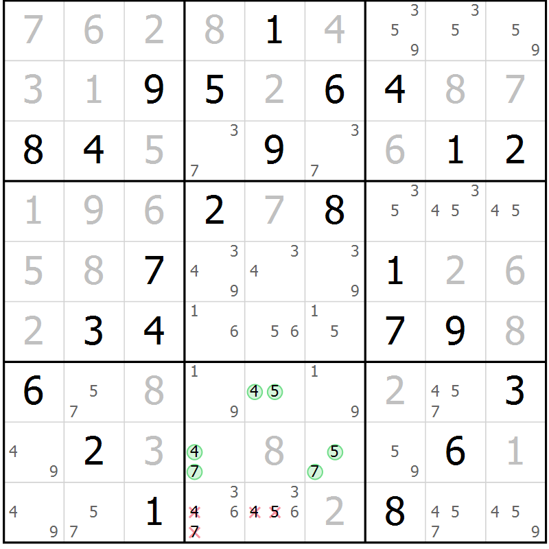 Position des candidats pour la solution de la Gr 73 page 75 du magazine de sudoku Expert n° 013