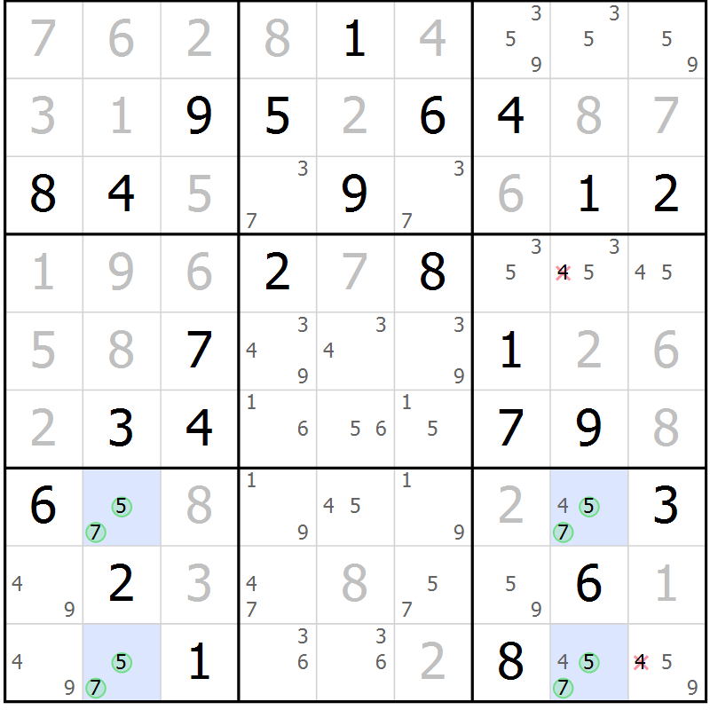Position des candidats pour la solution de la Gr 73 page 75 du magazine de sudoku Expert n° 013