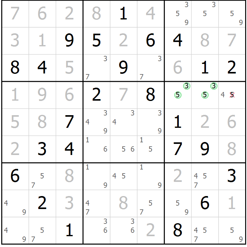 Position des candidats pour la solution de la Gr 73 page 75 du magazine de sudoku Expert n° 013