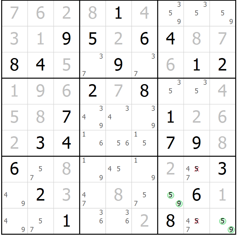 Position des candidats pour la solution de la Gr 73 page 75 du magazine de sudoku Expert n° 013