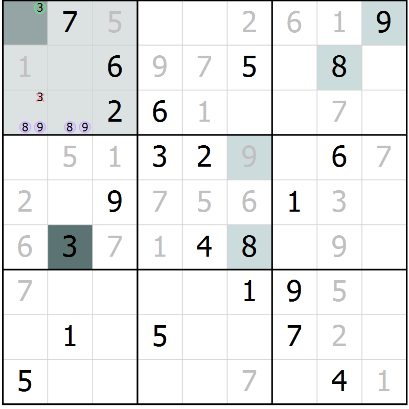 Position des candidats pour la solution de la Gr 8 page 10 du magazine de sudoku Expert n° 013