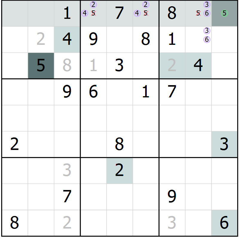 Position des candidats pour la solution de la Gr 9 page 11 du magazine de sudoku Expert n° 013